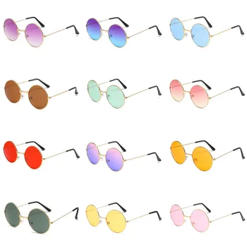 Ретро Солнцезащитные очки в круглой металлической оправе в стиле Хиппи, Модные Солнцезащитные очки небольшого круга, Дискотека, вечеринка, линзы ярких цветов, очки для женщин, мужчин